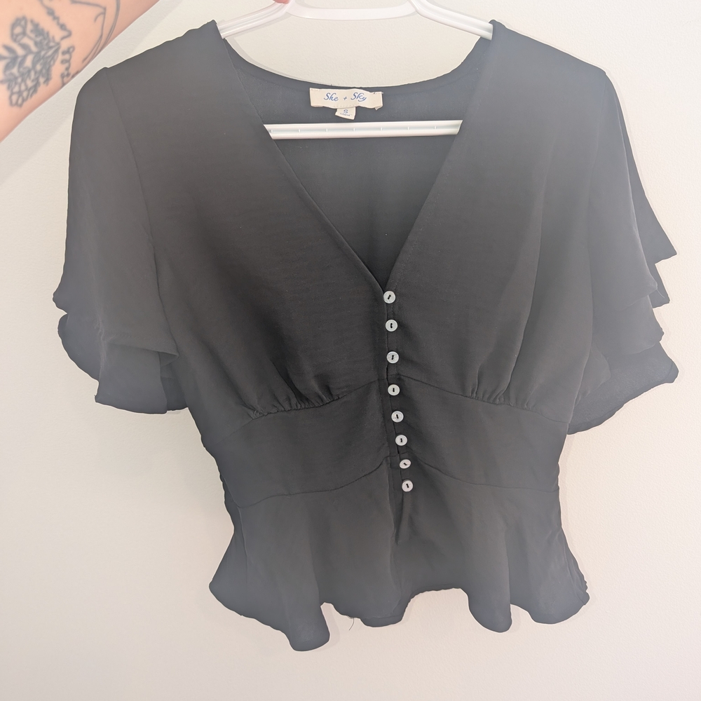 She + Sky Black Ruffled Blouse